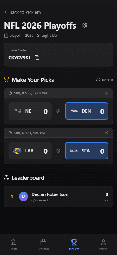 Plant Sports Pick'em Screen